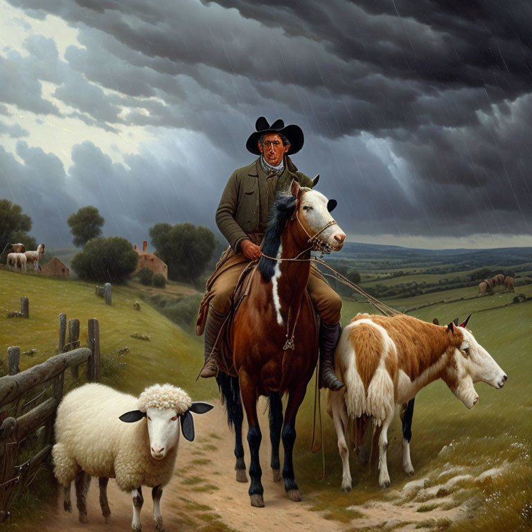 Cowboy on white horse herding livestock under stormy sky