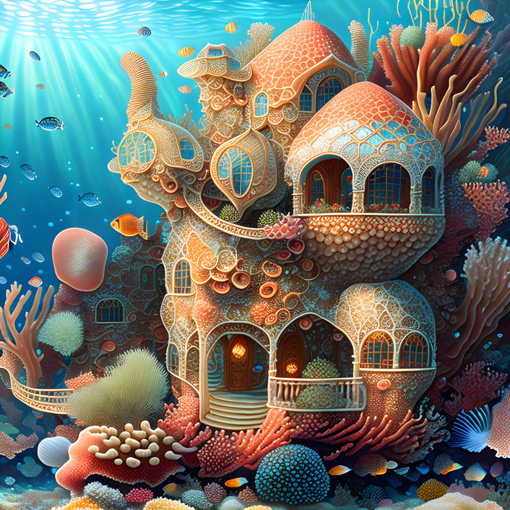 Colorful Underwater Coral House Surrounded by Sea Life