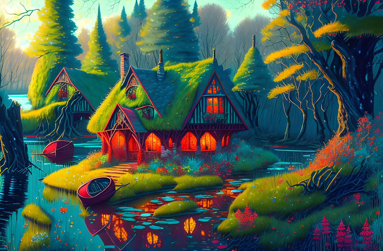 Whimsical cottages and vibrant flora in enchanted forest scene