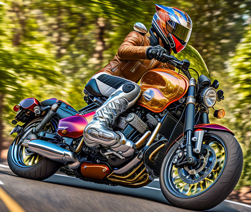 Person in leather jacket on fast modern motorcycle with motion blur on tree-lined road