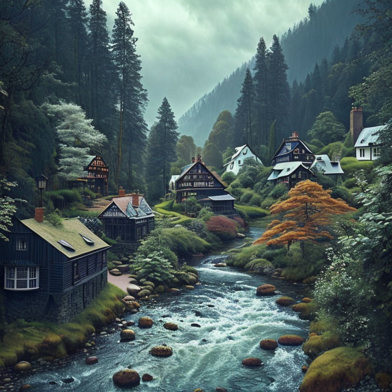 Traditional village in lush forest by meandering river under overcast sky