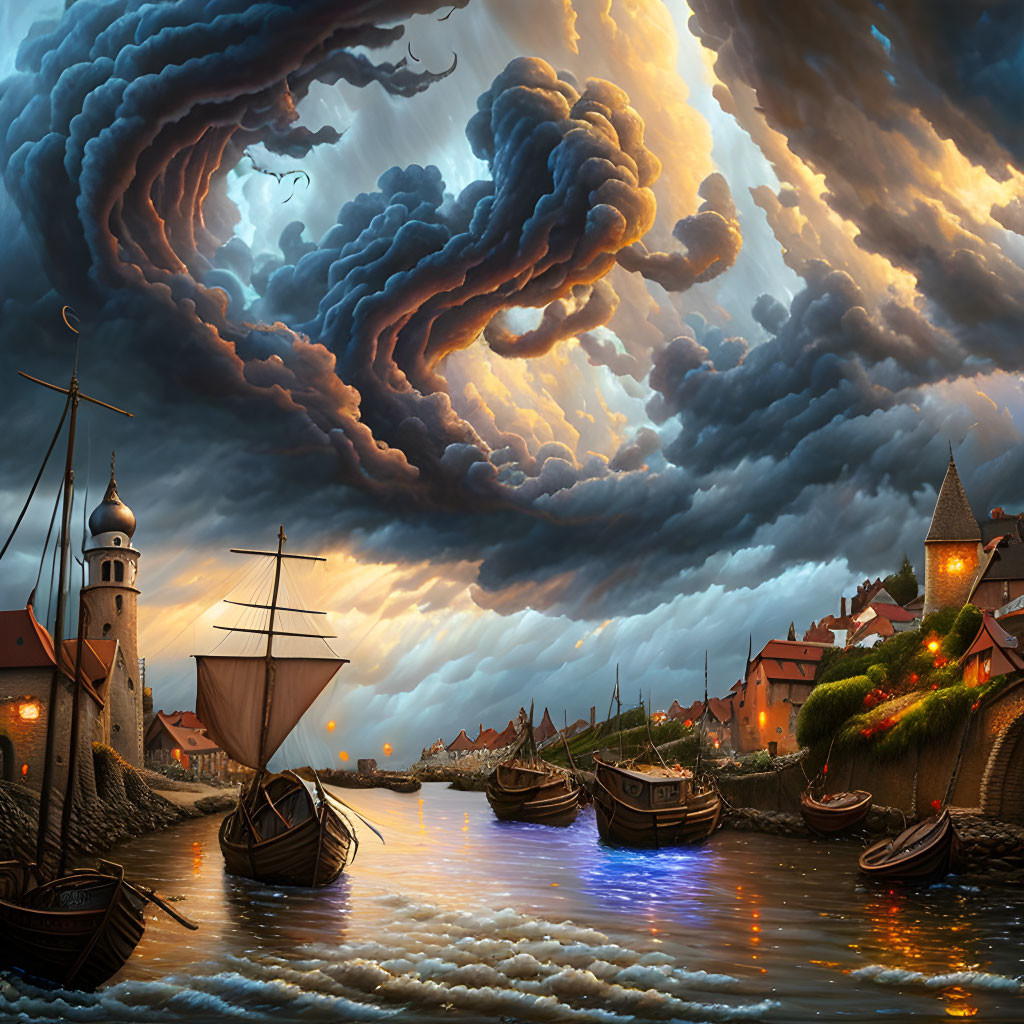 Medieval harbor seascape with ships under stormy sky