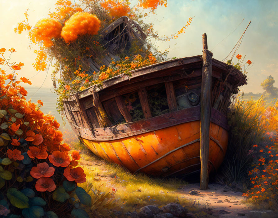 Weathered wooden boat surrounded by plants and flowers in soft sunlight