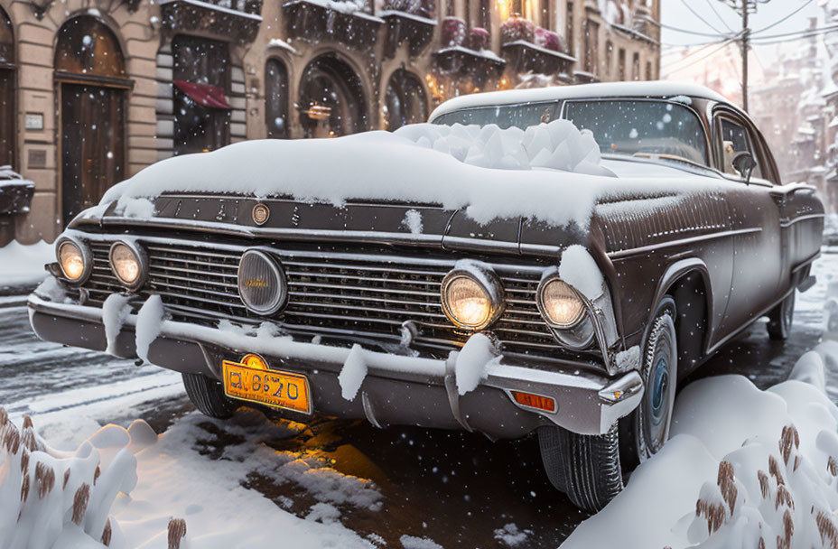 Vintage Black Car Covered in Snow on Street with Brownstone Buildings