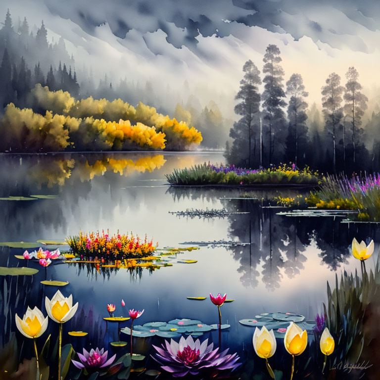 Serene lake painting with misty forest and colorful flora