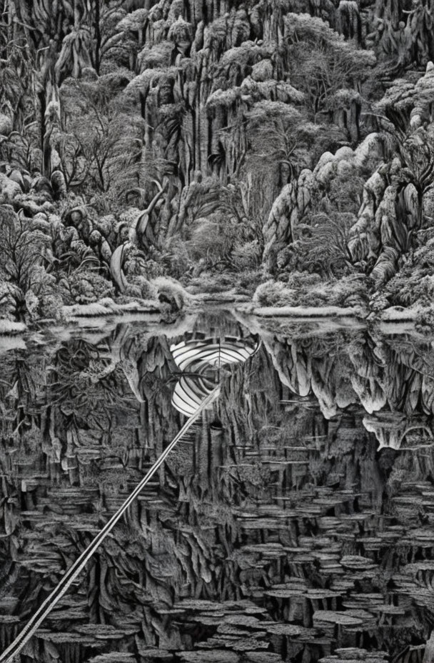 Detailed Monochromatic Forest Drawing with Trees, Lake, Boat, and Pier