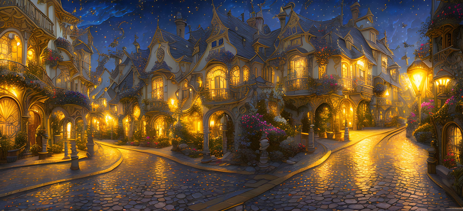 Enchanting Village with Illuminated Houses on Cobblestone Street