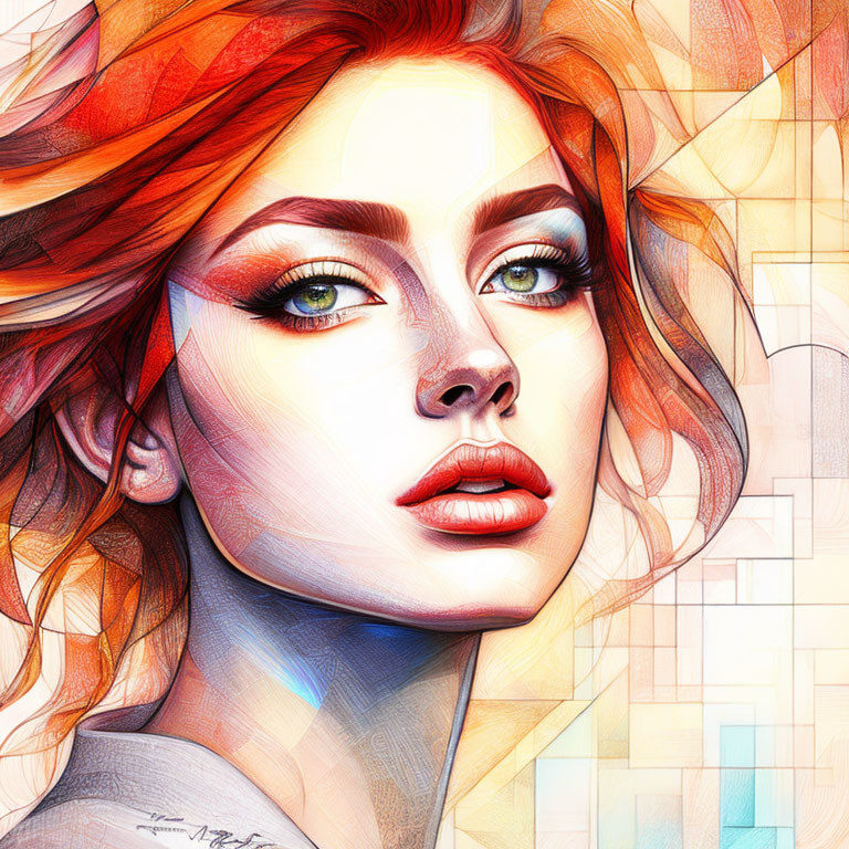 Vibrant digital portrait of a woman with red hair and green eyes