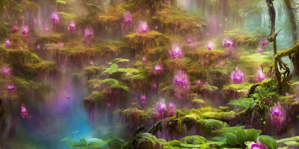 Ethereal forest scene with purple flowers and mysterious blue glow