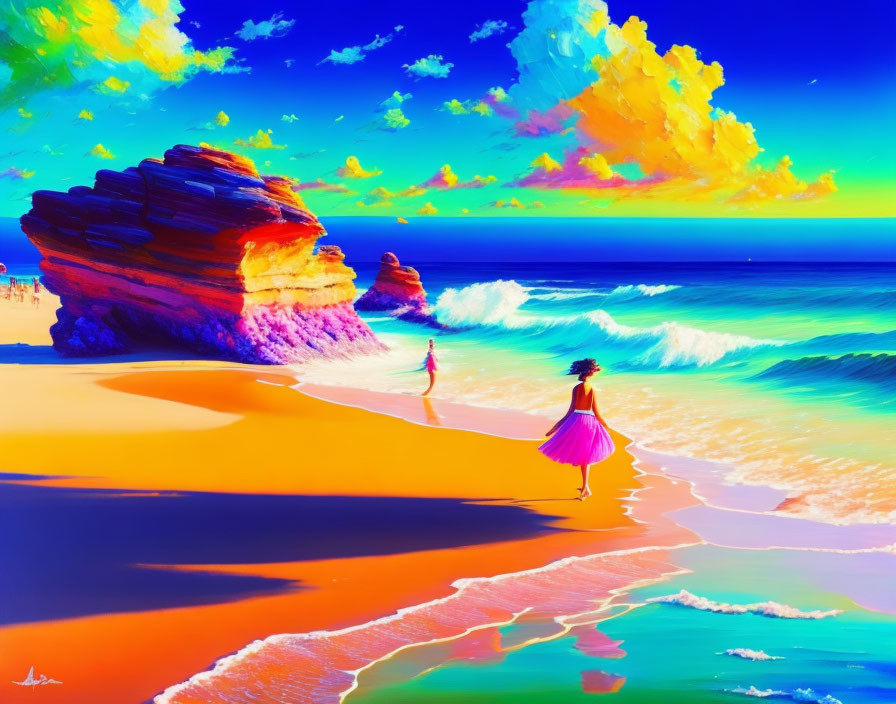 Woman in pink skirt walking on vibrant beach with colorful cliffs and blue sky