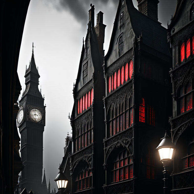 Gothic-style buildings with red-lit windows near Big Ben in a dark setting