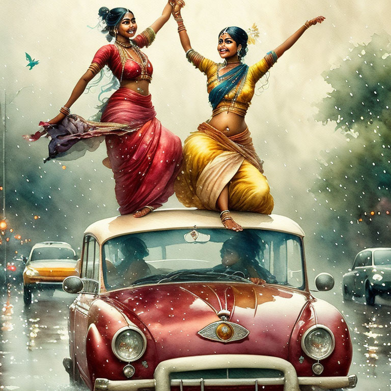 Traditional Indian attire women dance on vintage car in rain backdrop