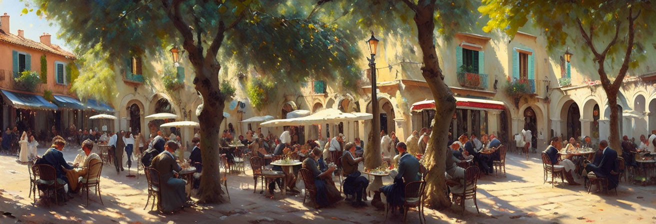 Outdoor Café Scene: People Dining in Town Square Under Trees