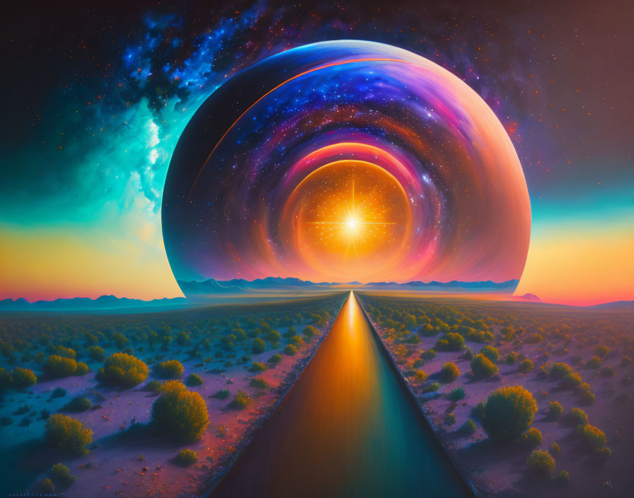 Surreal desert landscape with cosmic vortex and starry sky