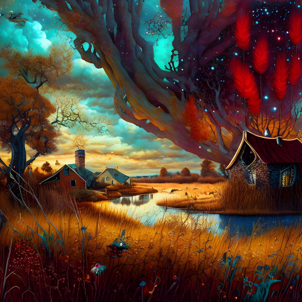 Fantastical landscape with whimsical tree, colorful foliage, serene pond, quaint houses, surreal sky