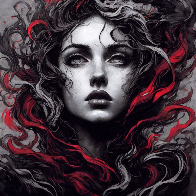 Woman's Portrait with Wavy Hair and Red Accents in Grayscale Palette