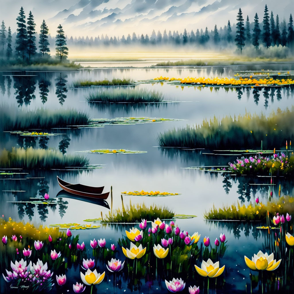 Tranquil lake twilight with canoe, water lilies, trees, misty mountains