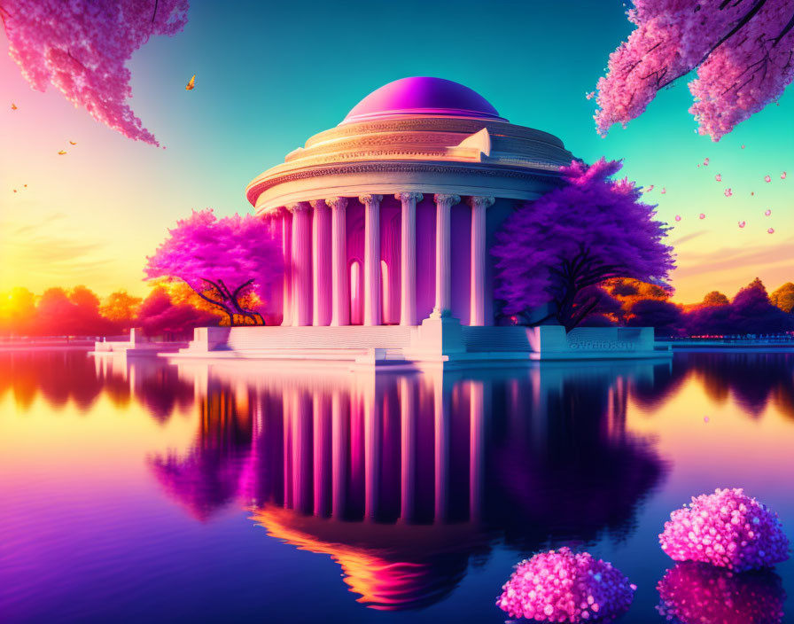 Surreal dome structure reflected in water with pink-purple trees