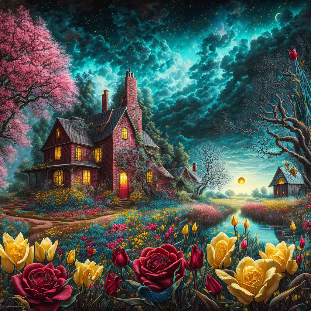 Fantasy artwork: Quaint house in lush garden under starry sky