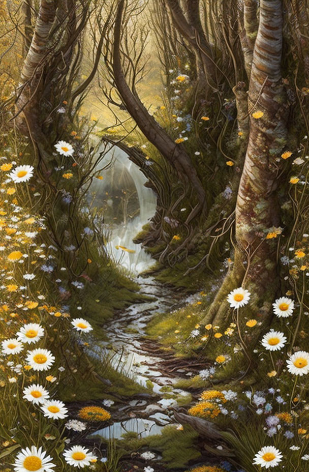 Tranquil forest landscape with waterfall, winding path, and blooming daisies