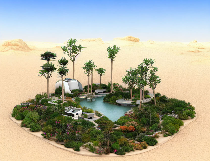 Modern buildings and green oasis in desert landscape