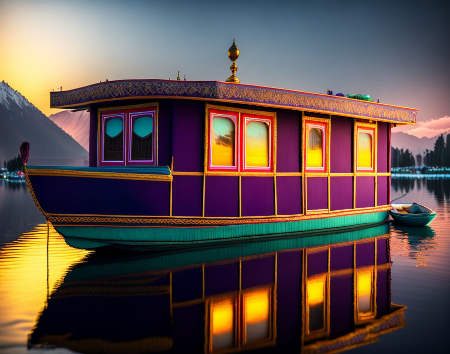 Purple and Gold Houseboat Floating on Calm Water at Sunset