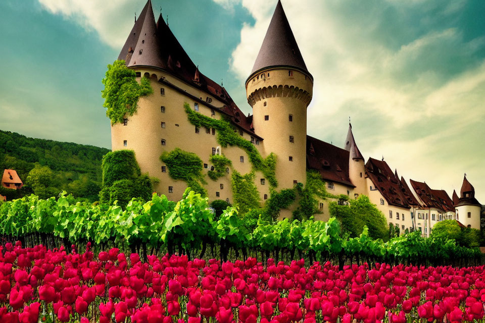 Castle with Conical Towers and Red Tulips in Lush Setting