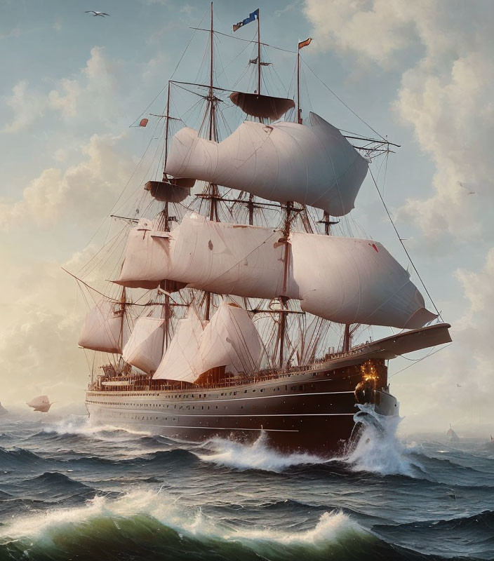 Sailing ship with multiple masts and billowing white sails on choppy ocean waves