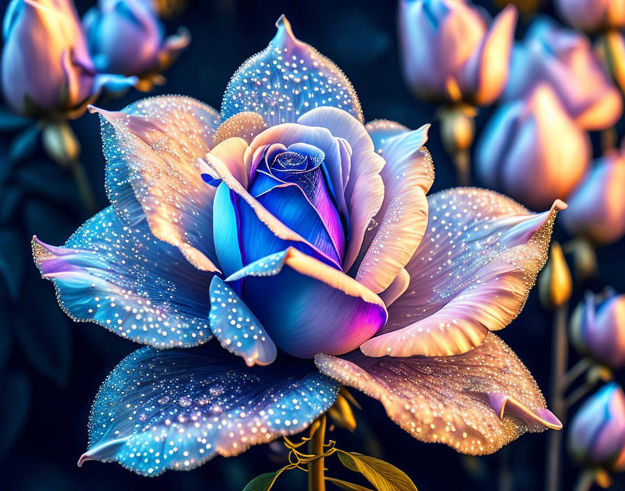 Blue and White Rose with Dew Drops on Dark Background