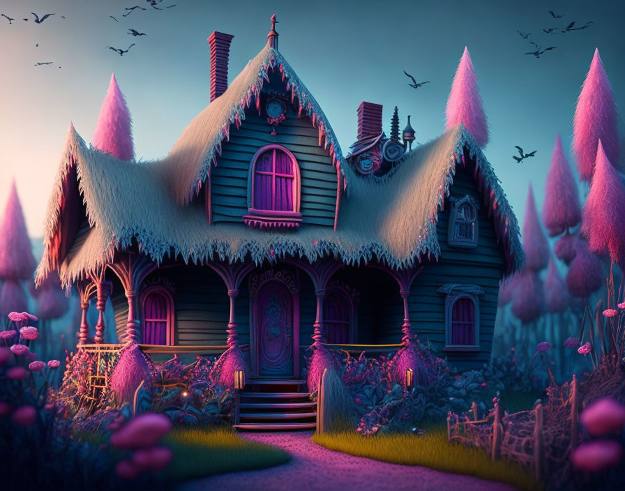 Thatched Roof Fantasy House Surrounded by Pink Trees and Mushrooms