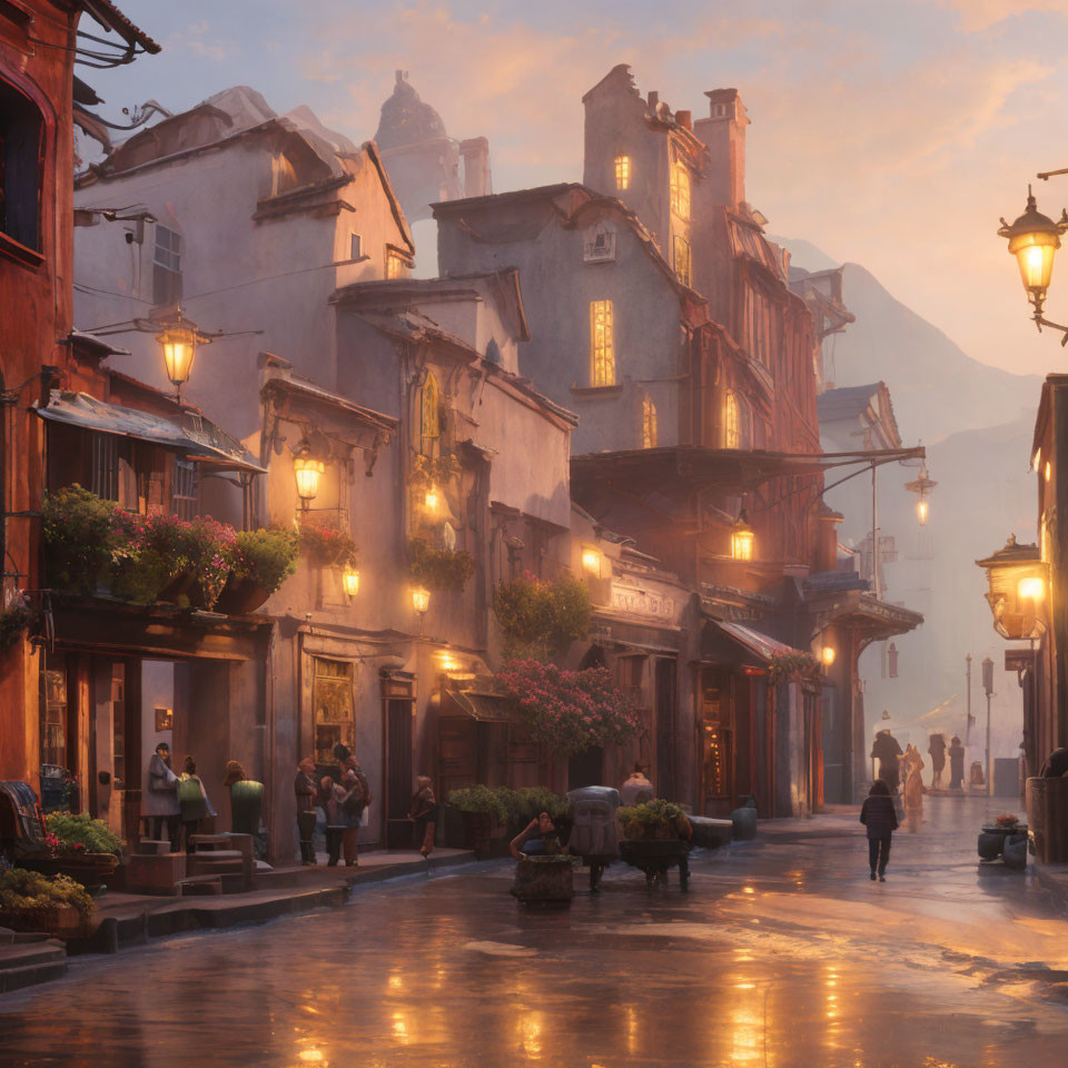 Charming European Street Scene at Dusk