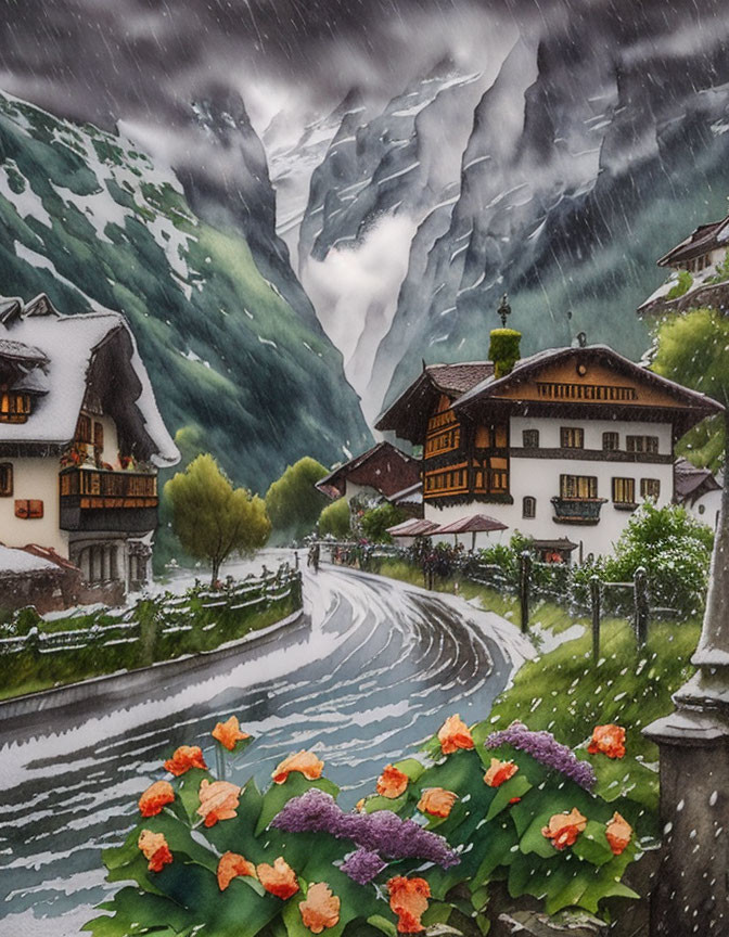 Traditional village with snowy mountain reflection and vibrant flowers