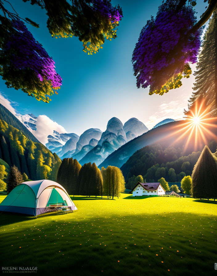 Vibrant green fields, tent, house in forested mountains landscape