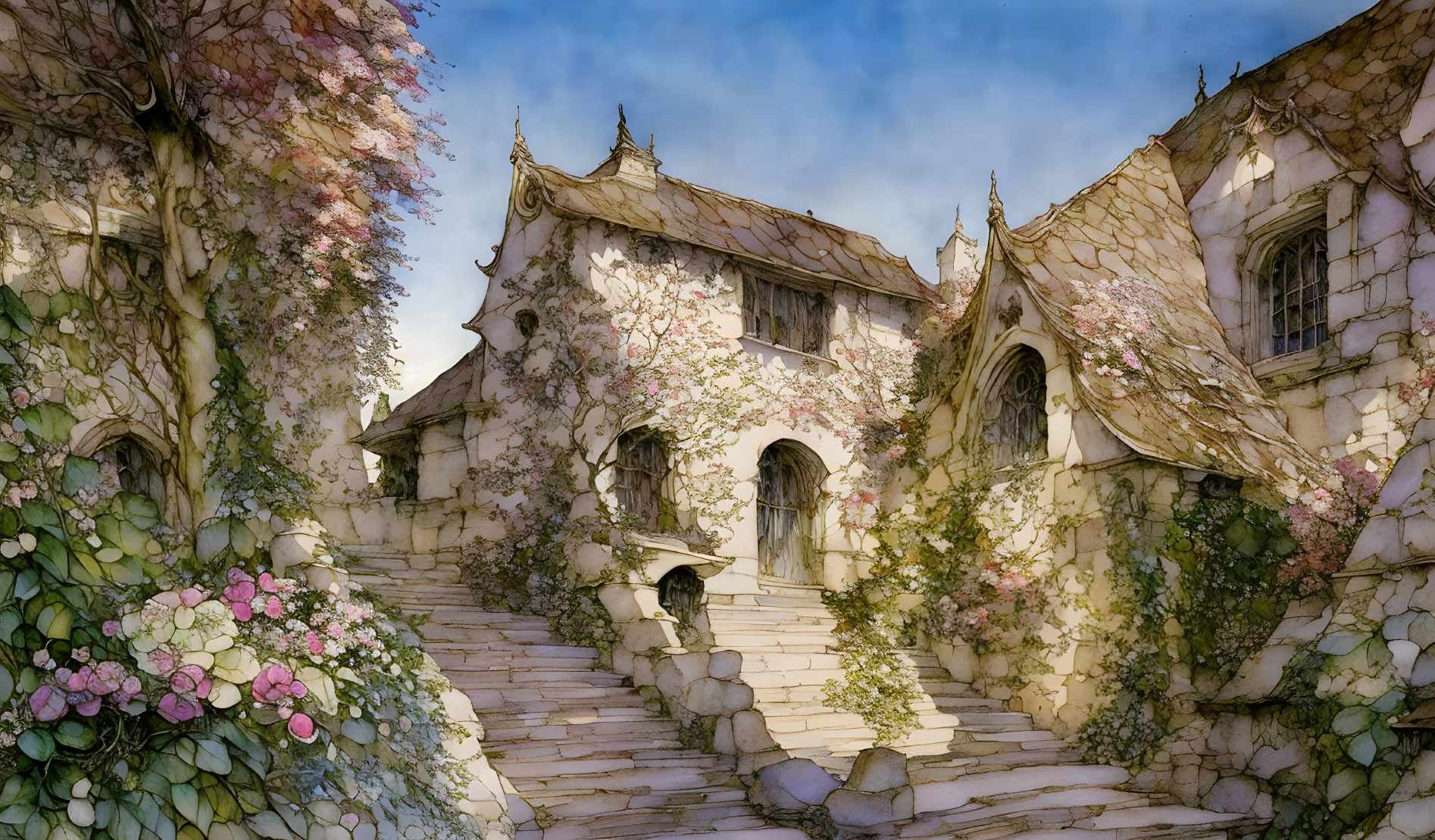 Quaint Stone House Illustration with Rose Vines & Sunlit Walls