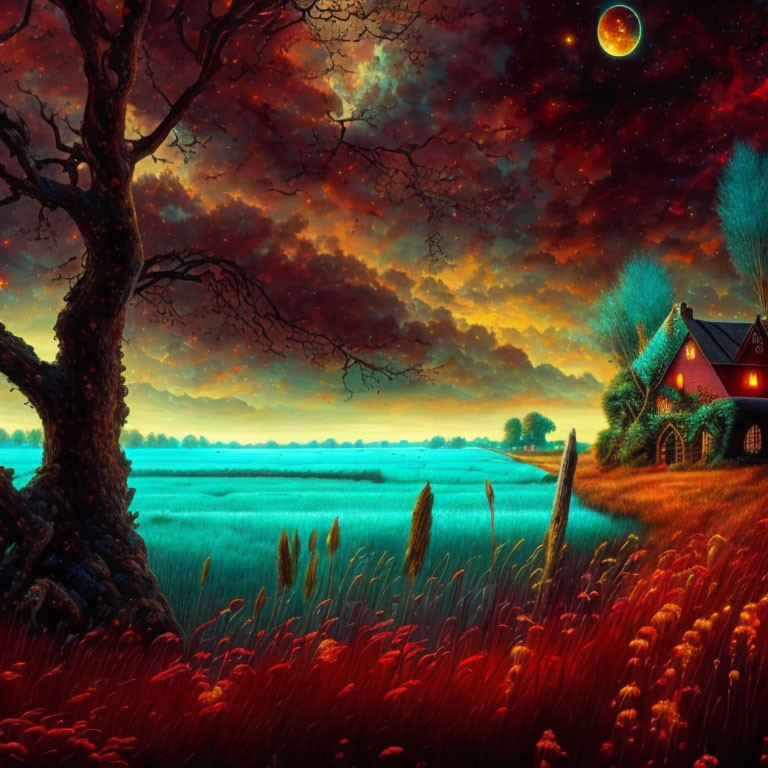 Colorful Fantasy Landscape with Glowing Planet, Cottage, and Twilight Field