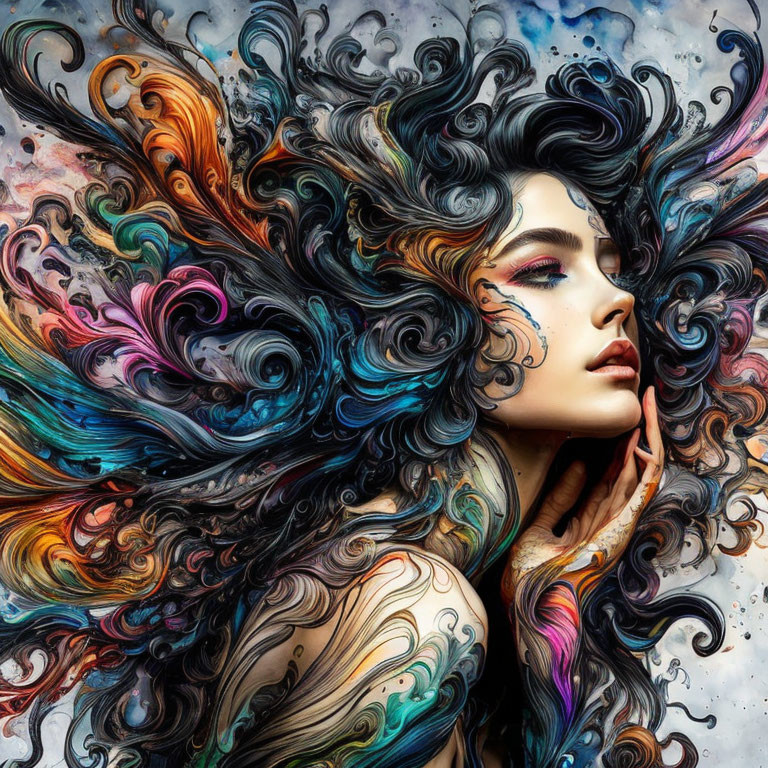 Colorful swirling hair woman art with floral patterns on splattered paint background