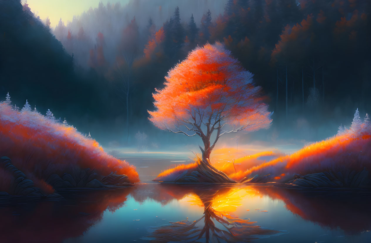 Colorful autumn tree on island reflected in tranquil lake at dawn or dusk