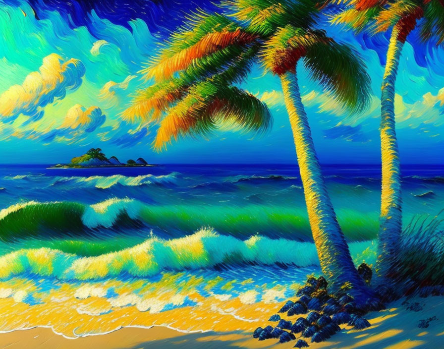 Tropical beach landscape with palm trees, waves, island, and colorful sky