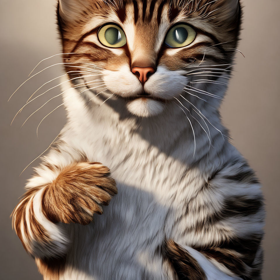 Detailed close-up of photorealistic animated cat with green eyes and whiskers