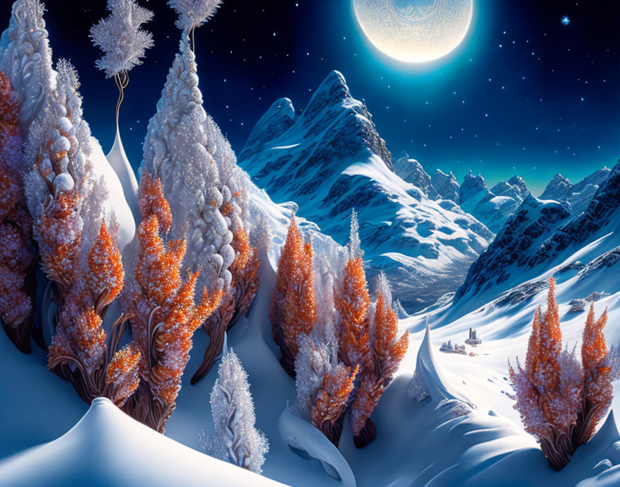 Snow-covered trees and mountains under a starry night sky with a large moon.