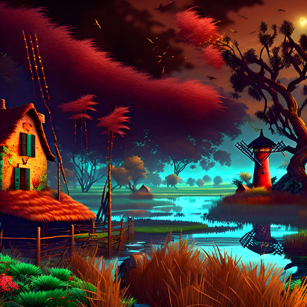 Fantastical twilight digital artwork with cottage, windmill, lake, and crimson trees.