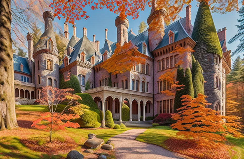 Majestic mansion amidst autumn trees and blue sky