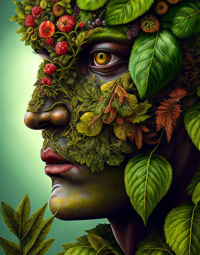 Person with Foliage Skin and Yellow Eye Portrait