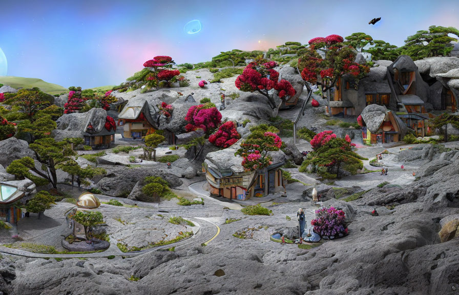 Enchanting village with stone houses and pink foliage under a starry sky