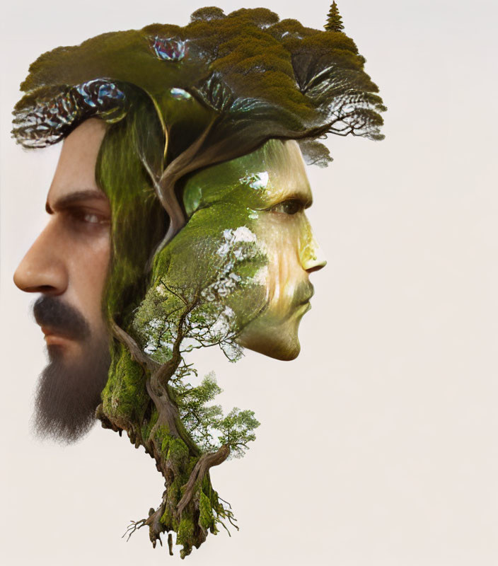 Surreal portrait blending man's profile with landscape and tree formation