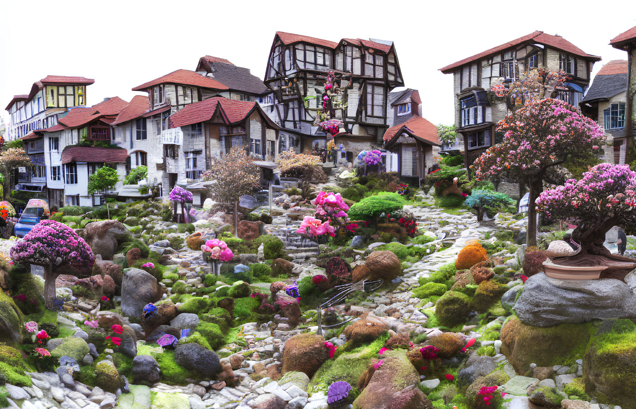 Charming village scene with half-timbered houses, flower beds, creek, rocks, and