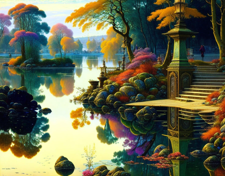 Tranquil park with colorful trees, lake reflections, and ornate street lamps