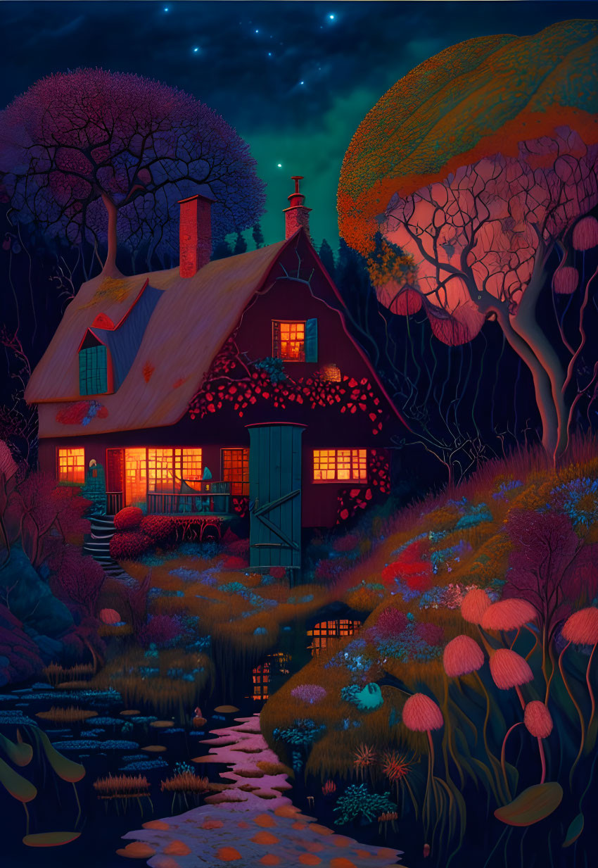 Nighttime Cottage with Red Roof Surrounded by Fantastical Flora and Pond