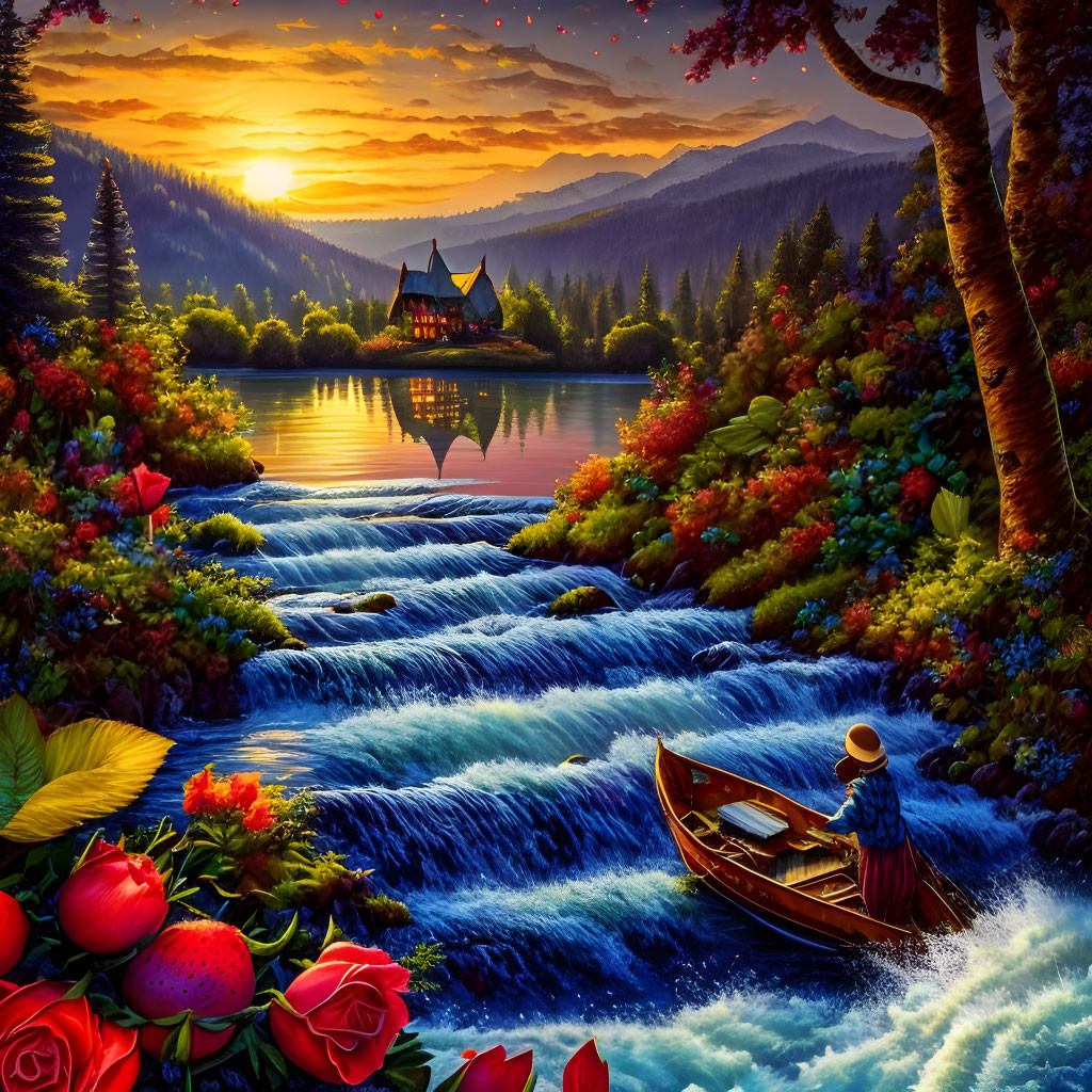 Colorful sunset river scene with person in boat: vibrant illustration