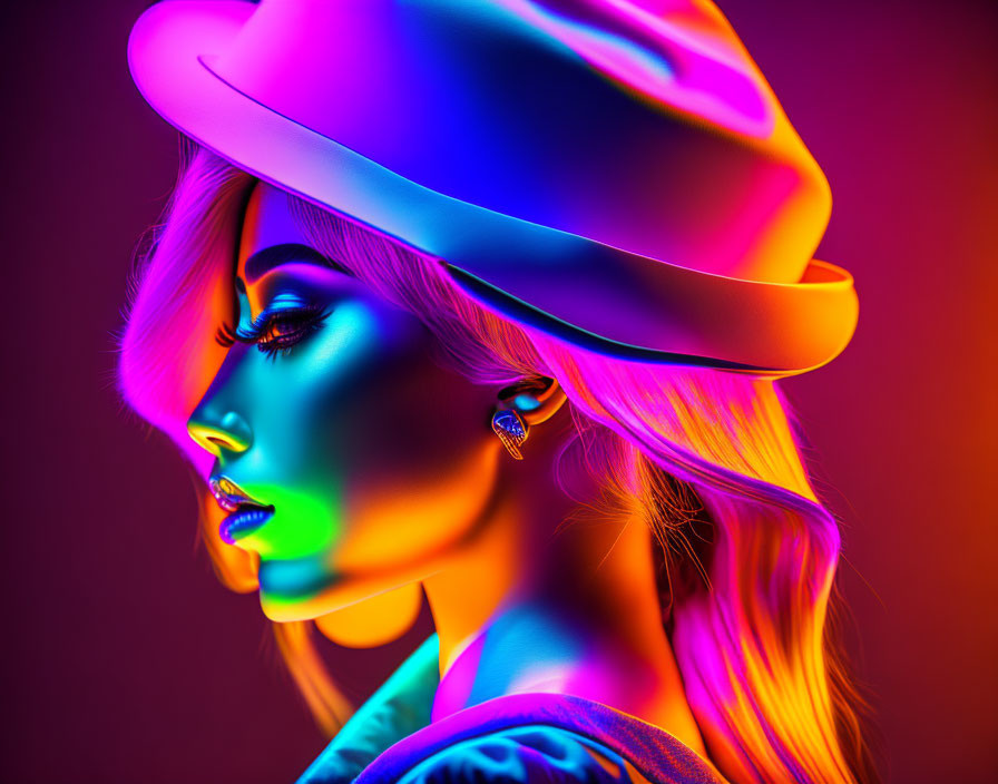 Profile of a woman with vibrant neon lighting casting colorful shadows